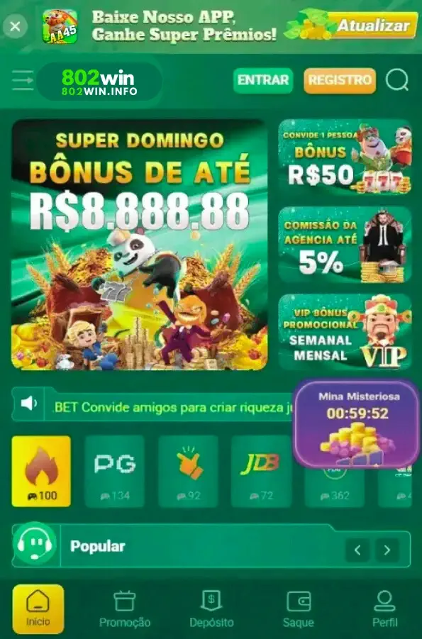 Aplicativo 802win com interface mobile rápida e navegação intuitiva