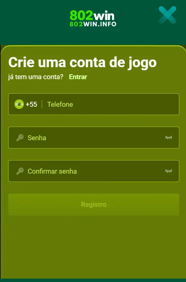 Página de registro 802win com formulário simples e rápido